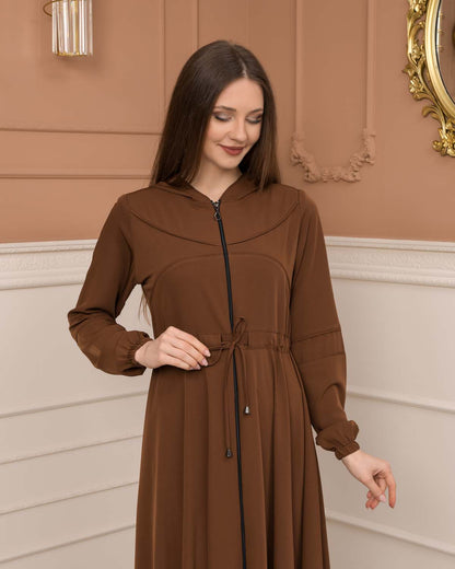 Weite Double-Cloche Abaya mit marokkanischer Kapuze 605 - Cognac