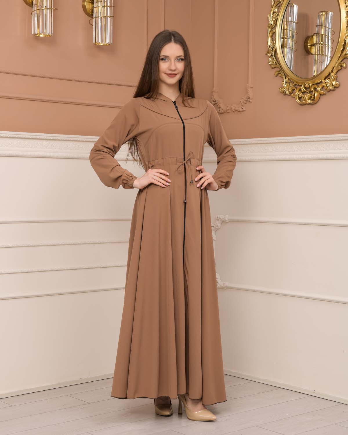 Weite Double-Cloche Abaya mit marokkanischer Kapuze 605 - Hellbraun