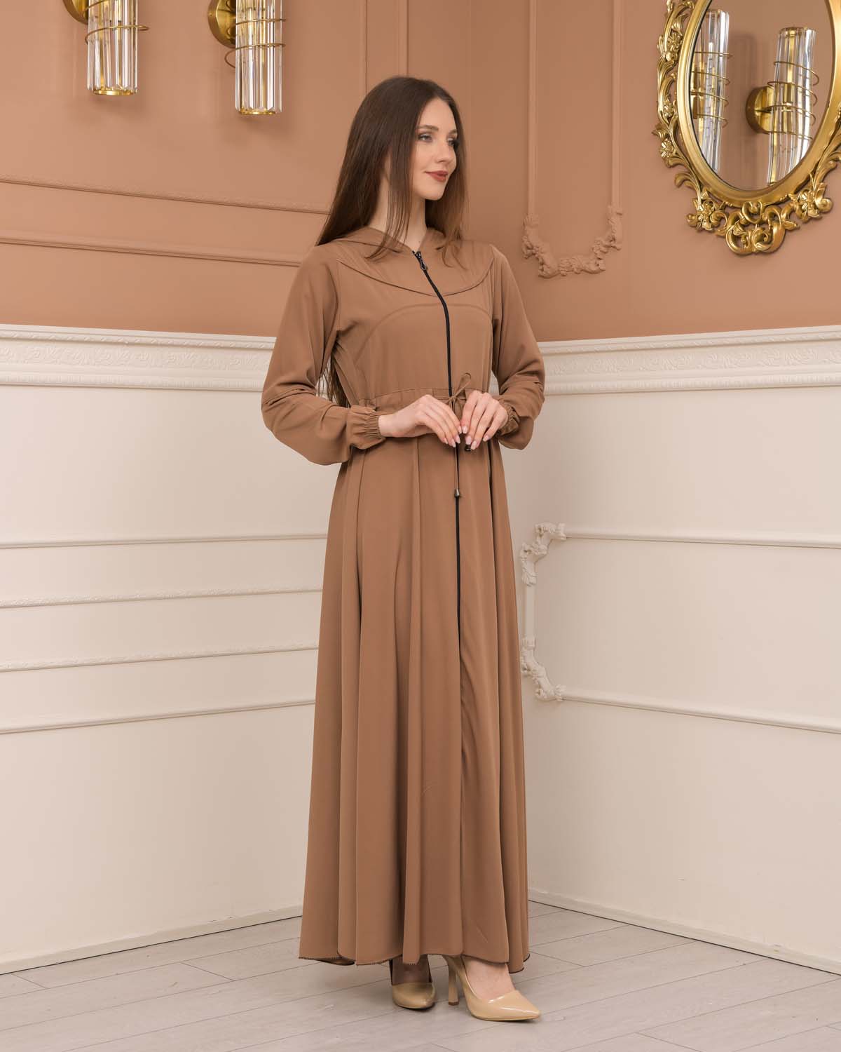 Weite Double-Cloche Abaya mit marokkanischer Kapuze 605 - Hellbraun