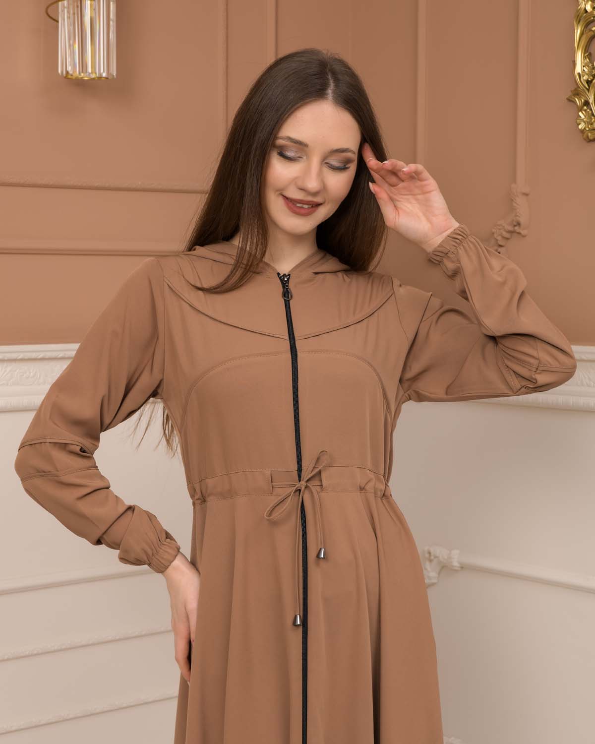 Weite Double-Cloche Abaya mit marokkanischer Kapuze 605 - Hellbraun