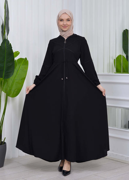 Weite Double-Cloche Abaya mit marokkanischer Kapuze 605 - Schwarz