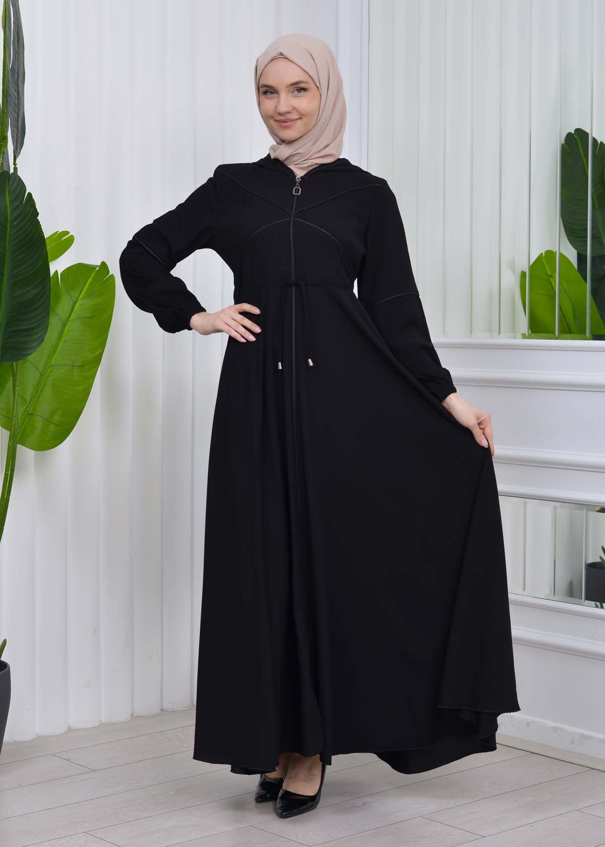 Weite Double-Cloche Abaya mit marokkanischer Kapuze 605 - Schwarz