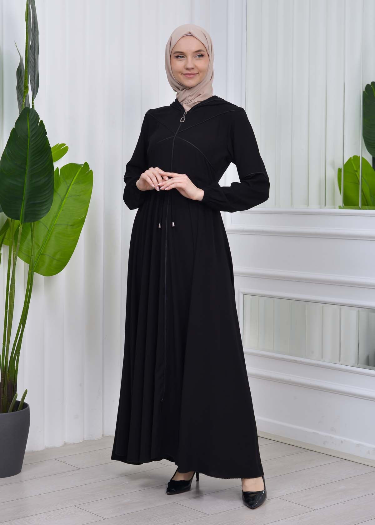 Weite Double-Cloche Abaya mit marokkanischer Kapuze 605 - Schwarz