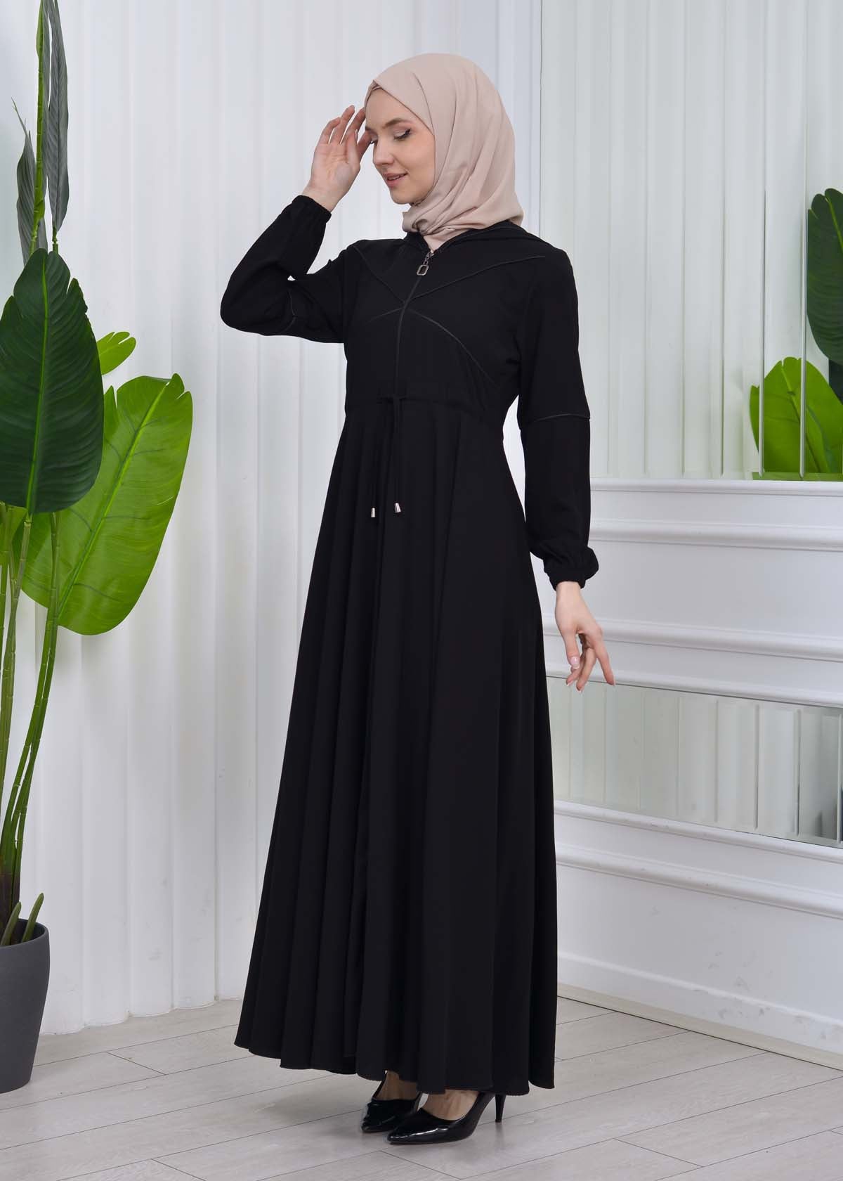 Weite Double-Cloche Abaya mit marokkanischer Kapuze 605 - Schwarz