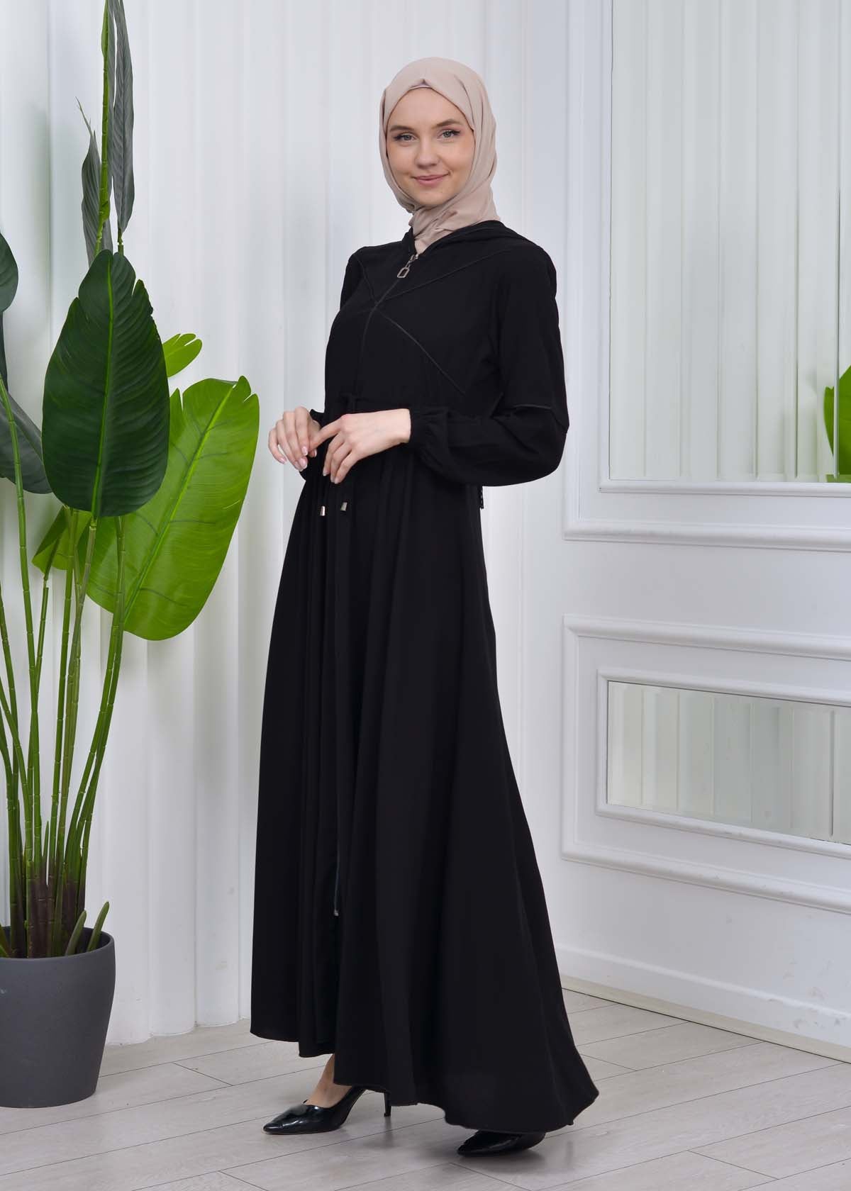Weite Double-Cloche Abaya mit marokkanischer Kapuze 605 - Schwarz