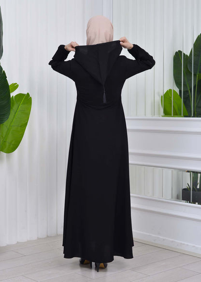 Weite Double-Cloche Abaya mit marokkanischer Kapuze 605 - Schwarz