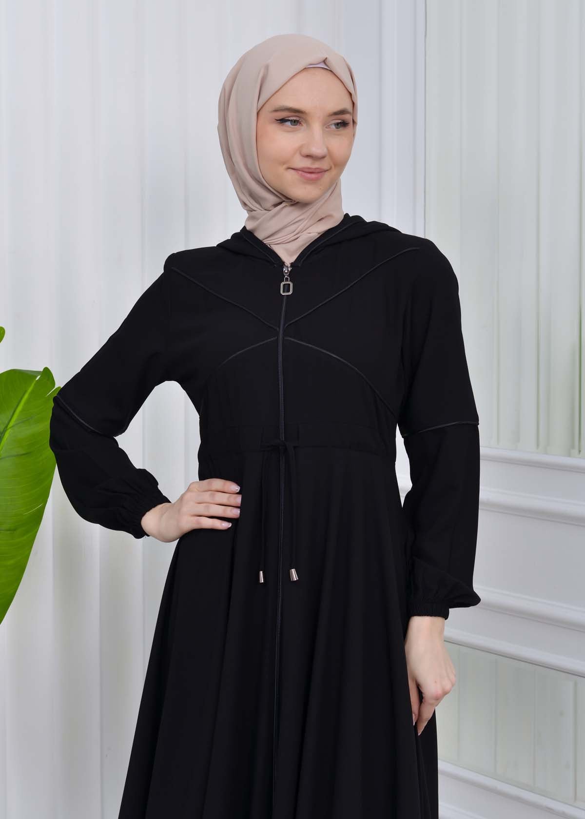 Weite Double-Cloche Abaya mit marokkanischer Kapuze 605 - Schwarz