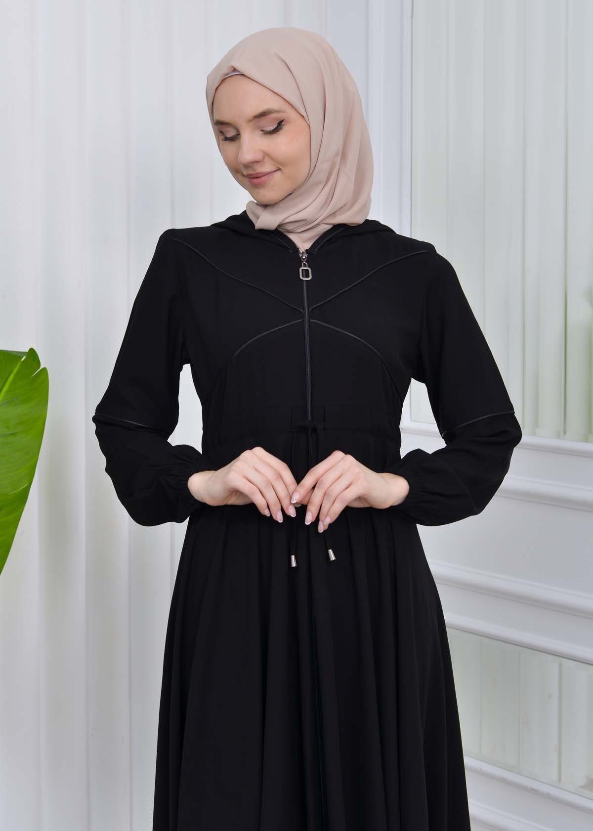 Weite Double-Cloche Abaya mit marokkanischer Kapuze 605 - Schwarz