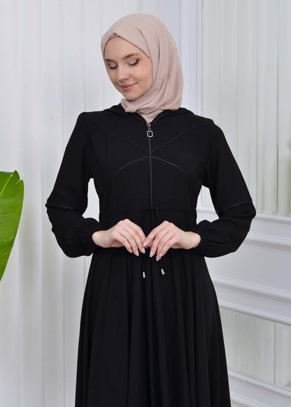 Weite Double-Cloche Abaya mit marokkanischer Kapuze 605 - Schwarz