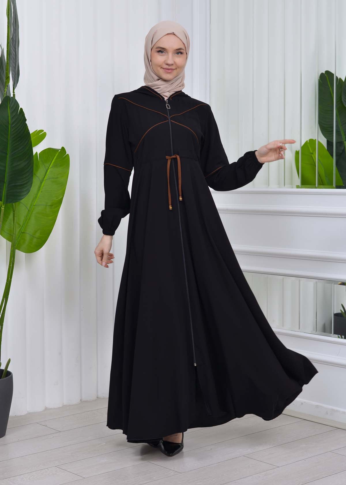 Weite Double-Cloche Abaya mit marokkanischer Kapuze 605 - Kaffee