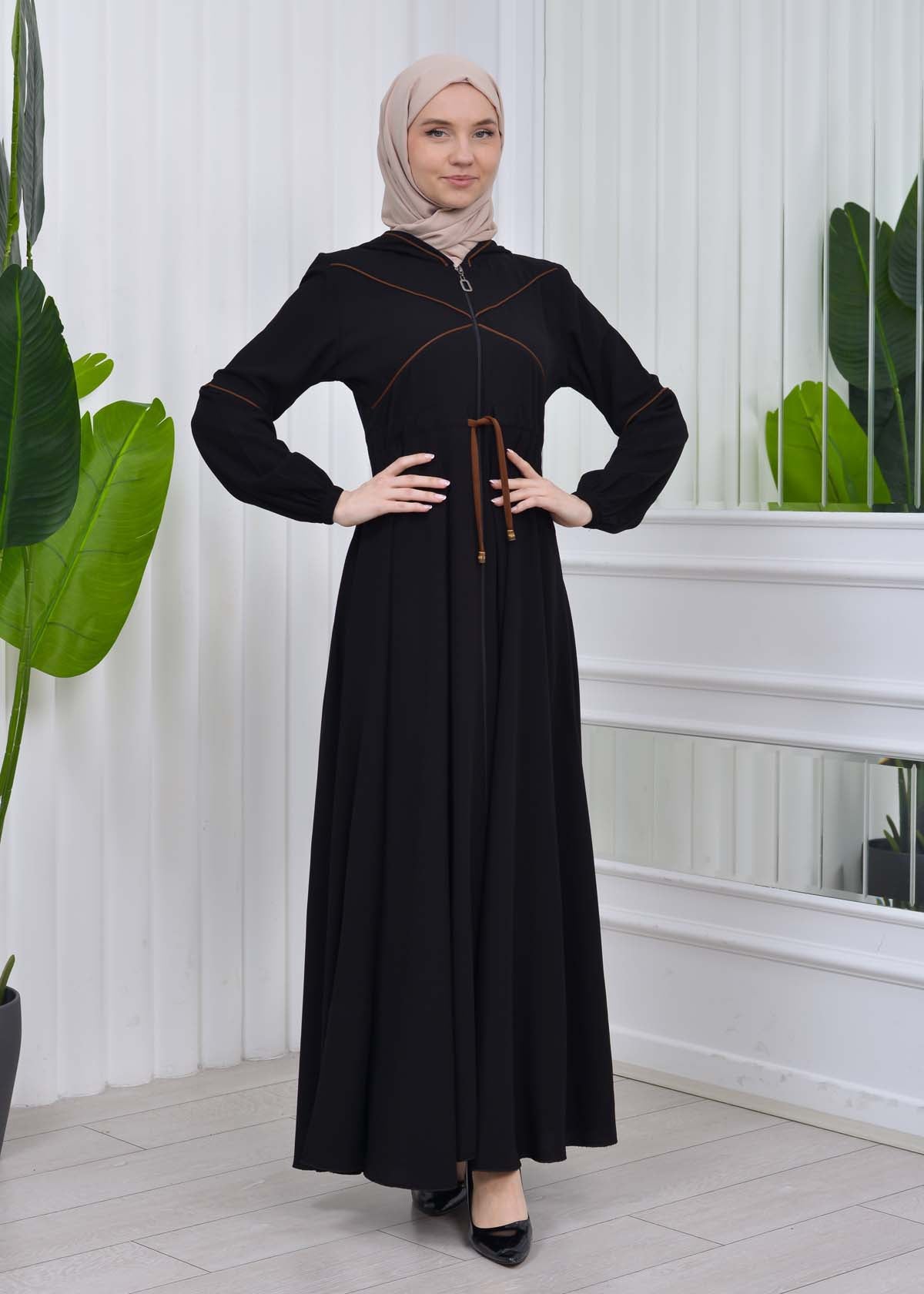 Weite Double-Cloche Abaya mit marokkanischer Kapuze 605 - Kaffee