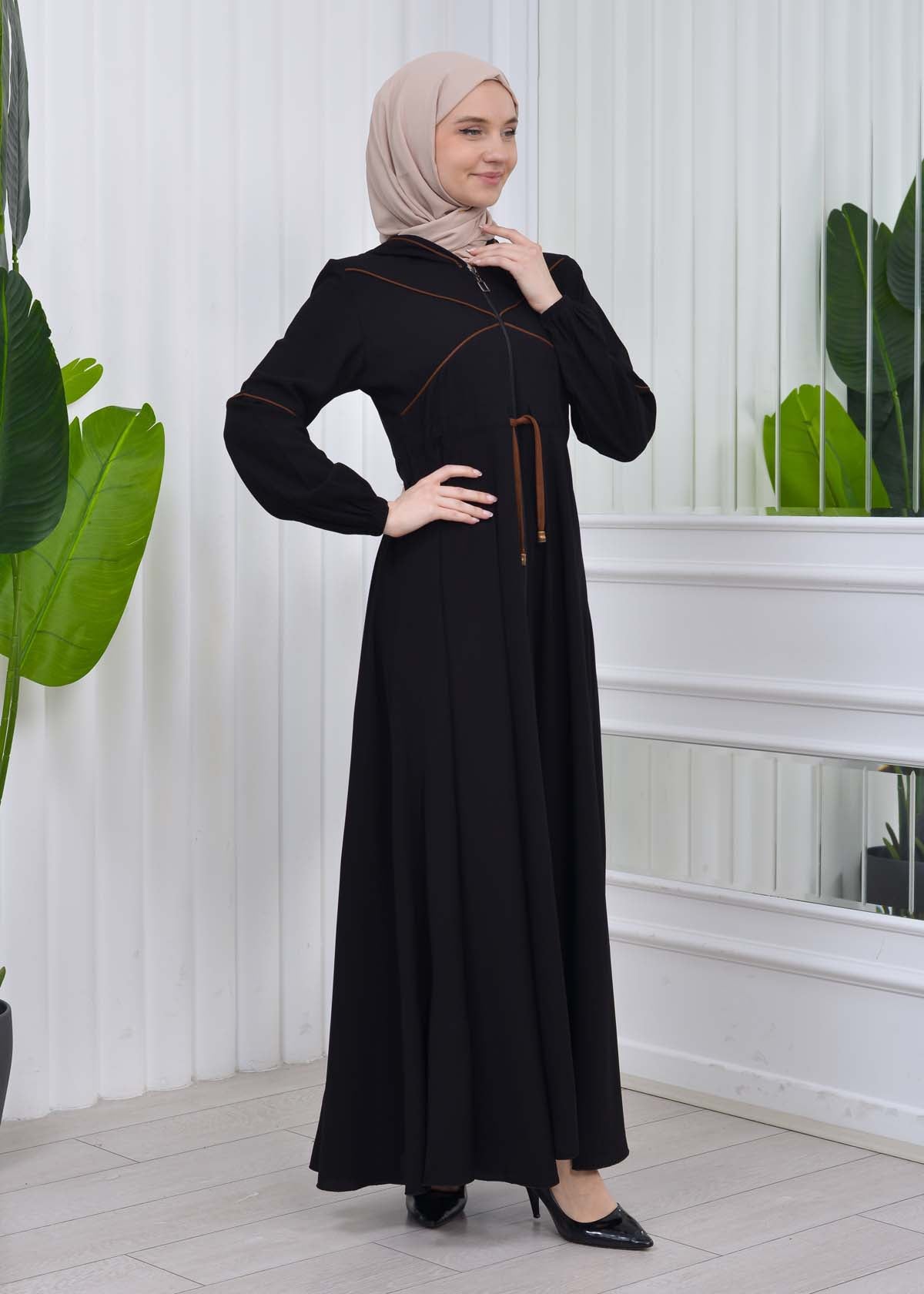 Weite Double-Cloche Abaya mit marokkanischer Kapuze 605 - Kaffee