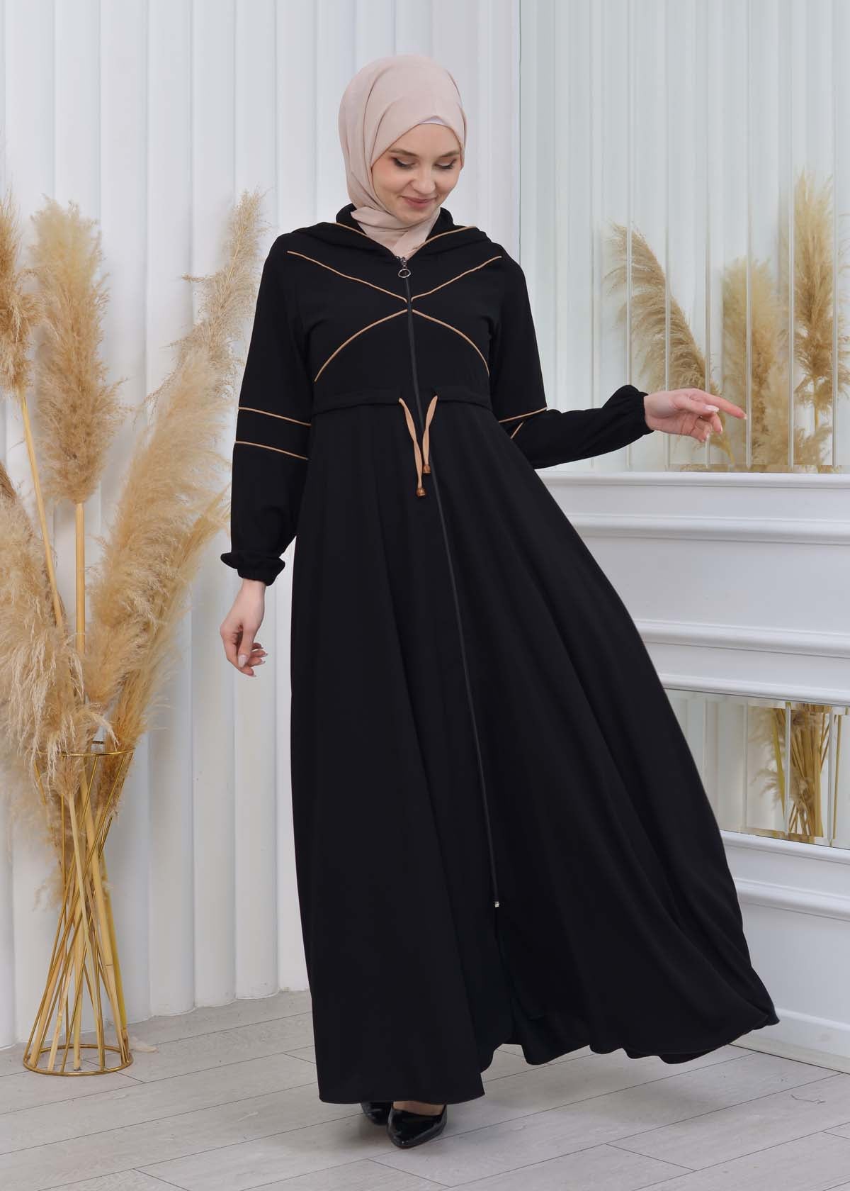 Weite Double-Cloche Abaya mit marokkanischer Kapuze 605 - Beige