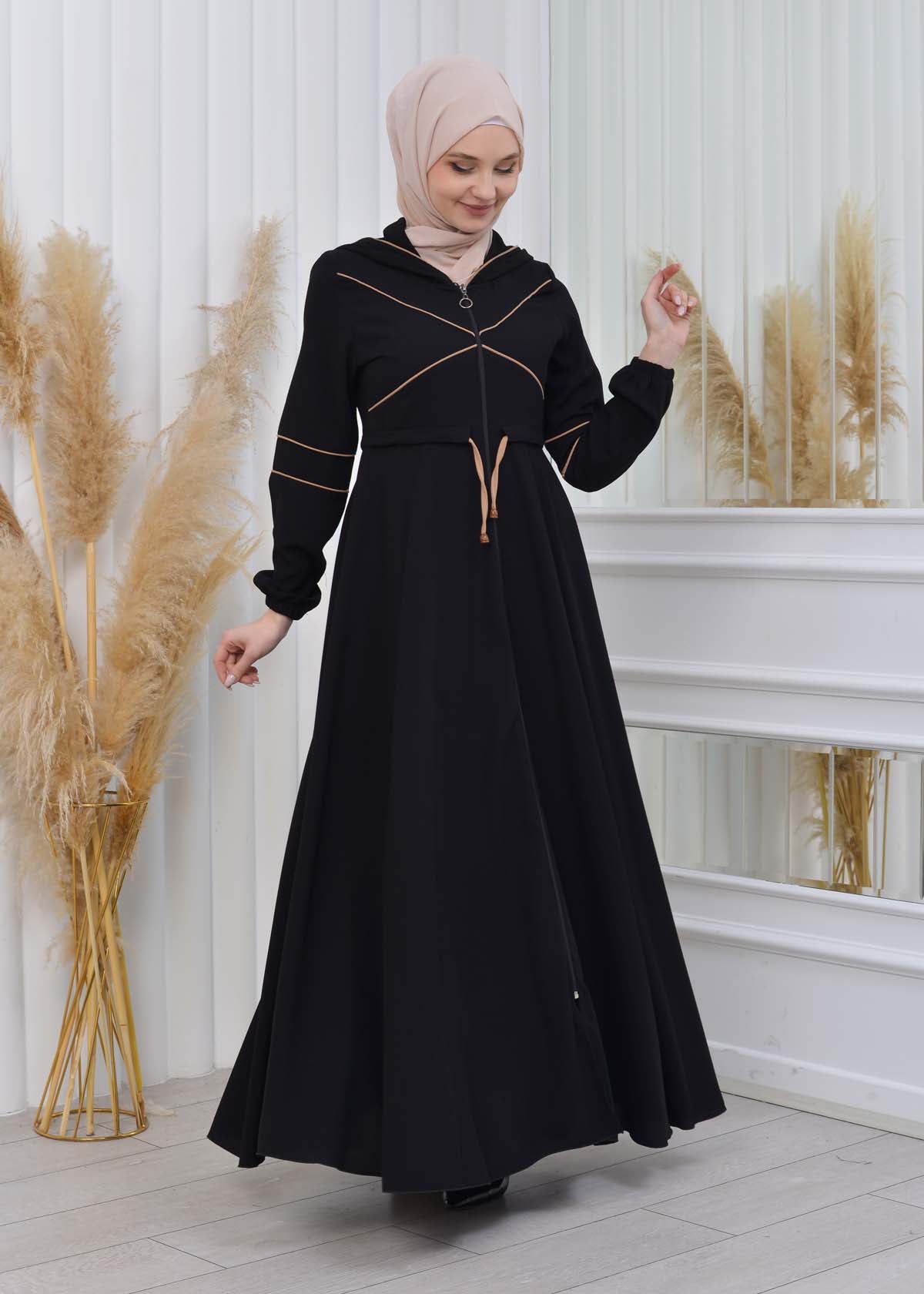 Weite Double-Cloche Abaya mit marokkanischer Kapuze 605 - Beige