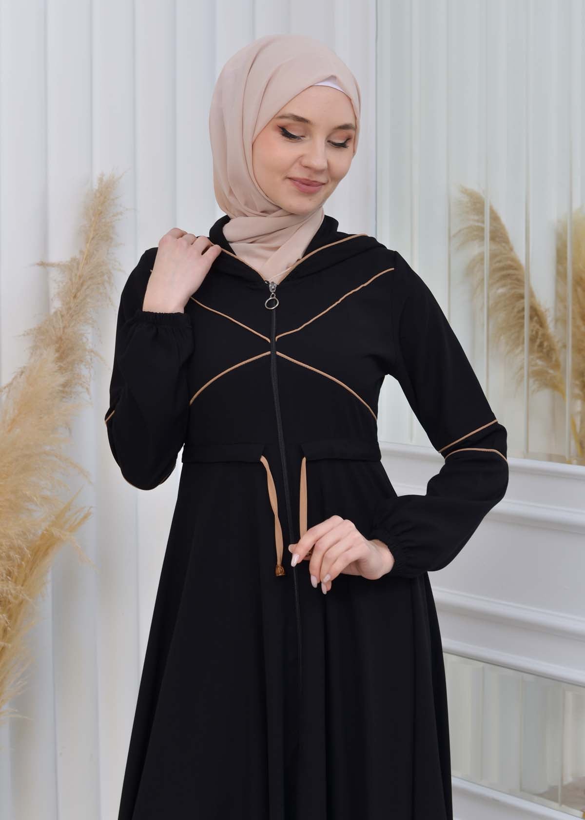 Weite Double-Cloche Abaya mit marokkanischer Kapuze 605 - Beige