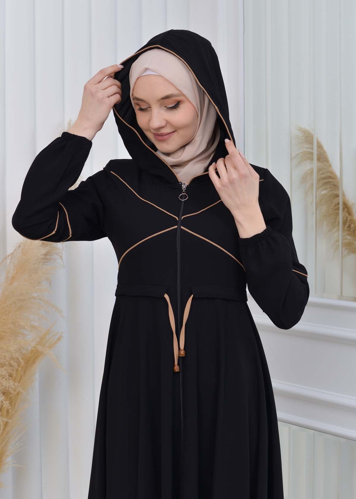 Weite Double-Cloche Abaya mit marokkanischer Kapuze 605 - Beige