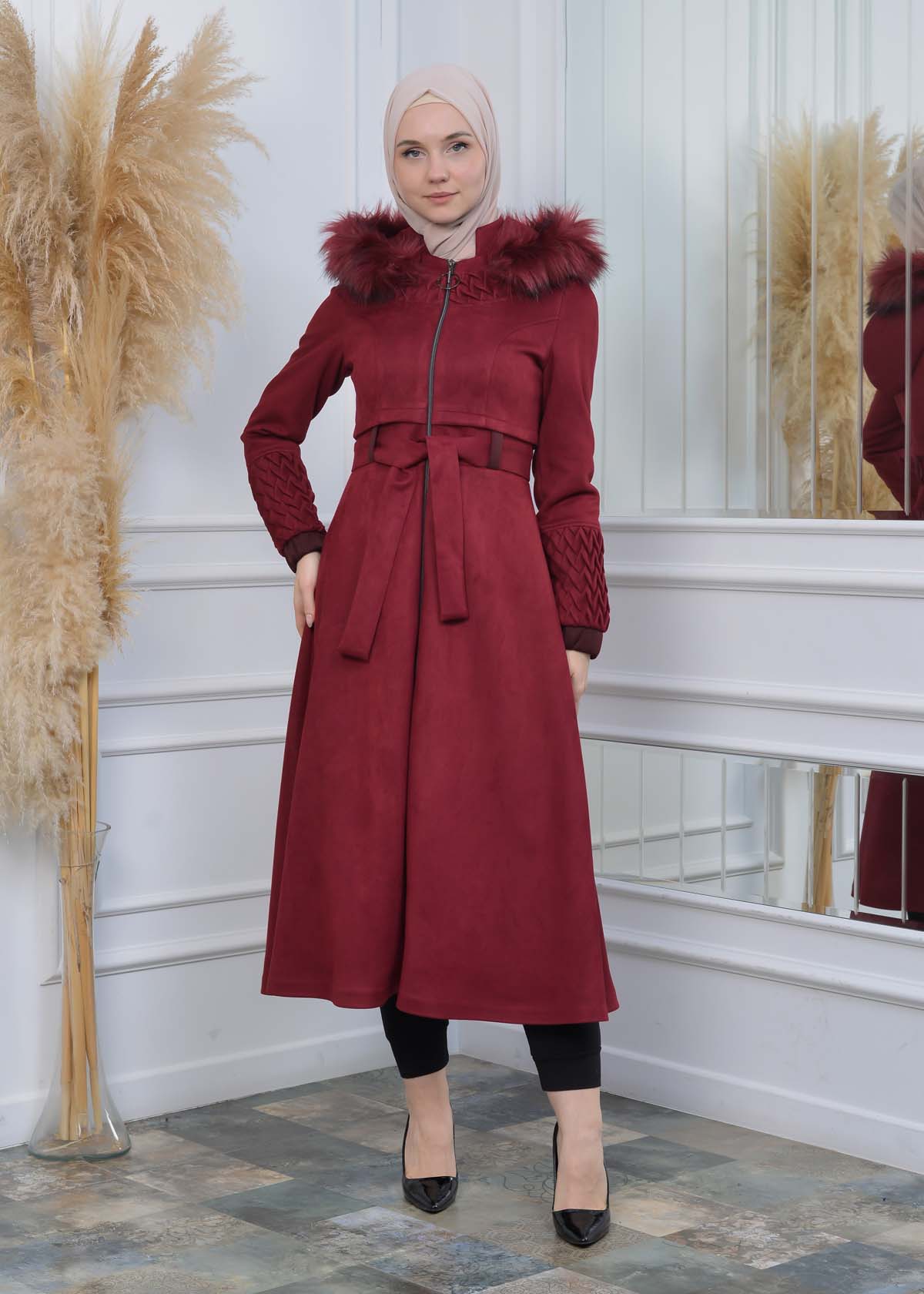 Suede Trenchcoat mit Plissee-Details 1316 - Bordeaux