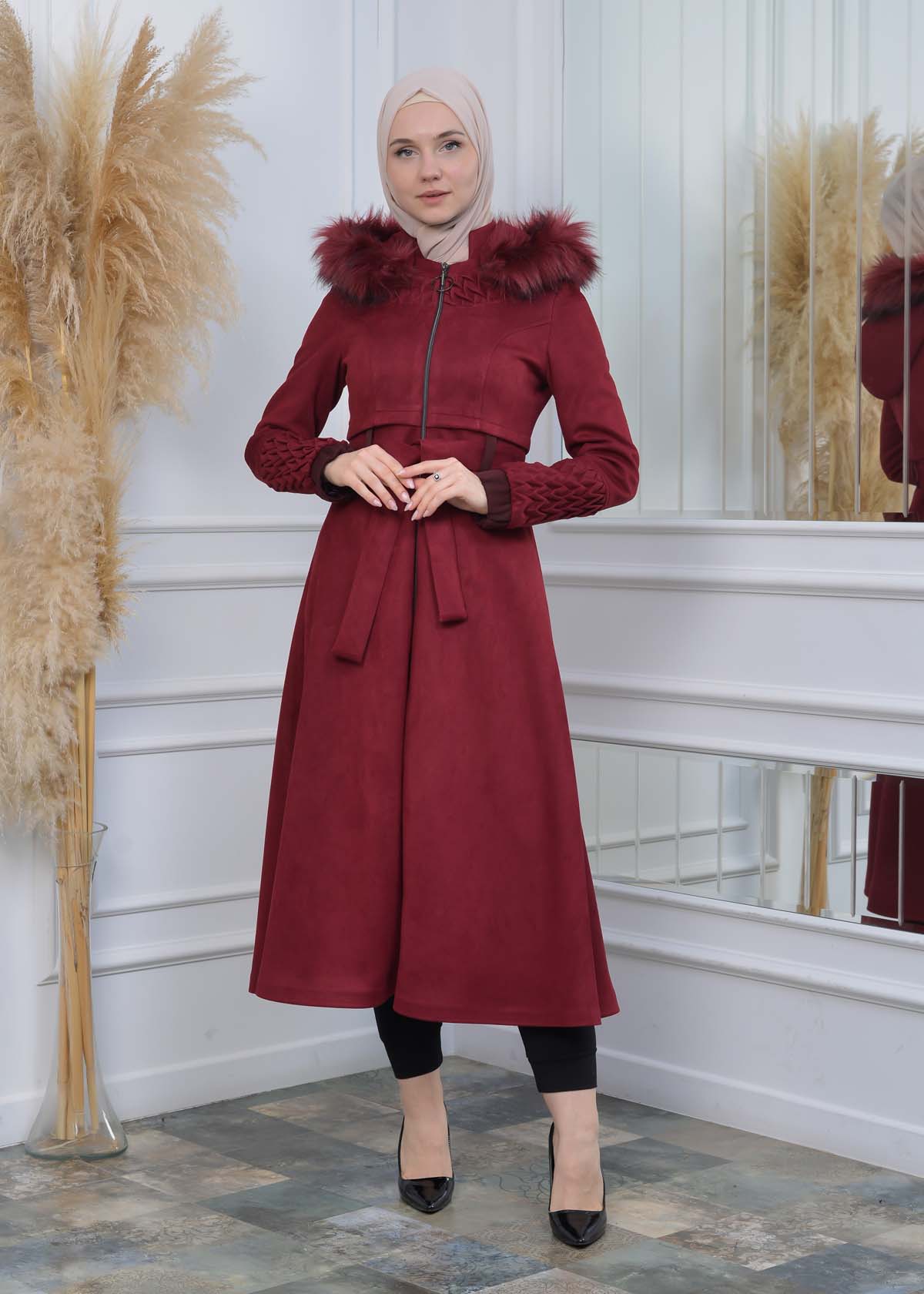 Suede Trenchcoat mit Plissee-Details 1316 - Bordeaux