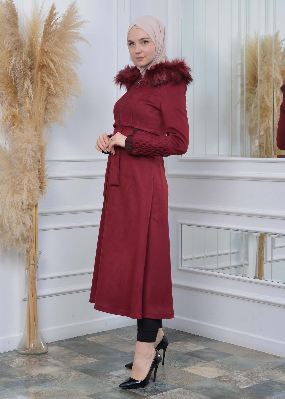 Suede Trenchcoat mit Plissee-Details 1316 - Bordeaux