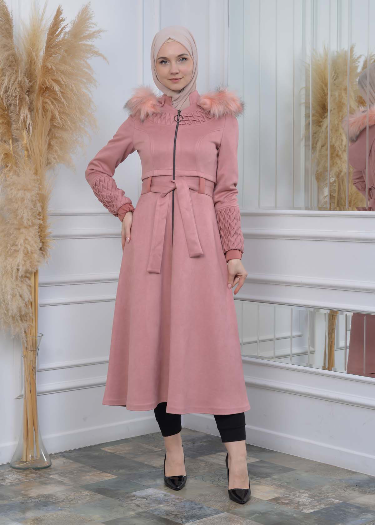 Suede Trenchcoat mit Plissee-Details 1316 - Rosa