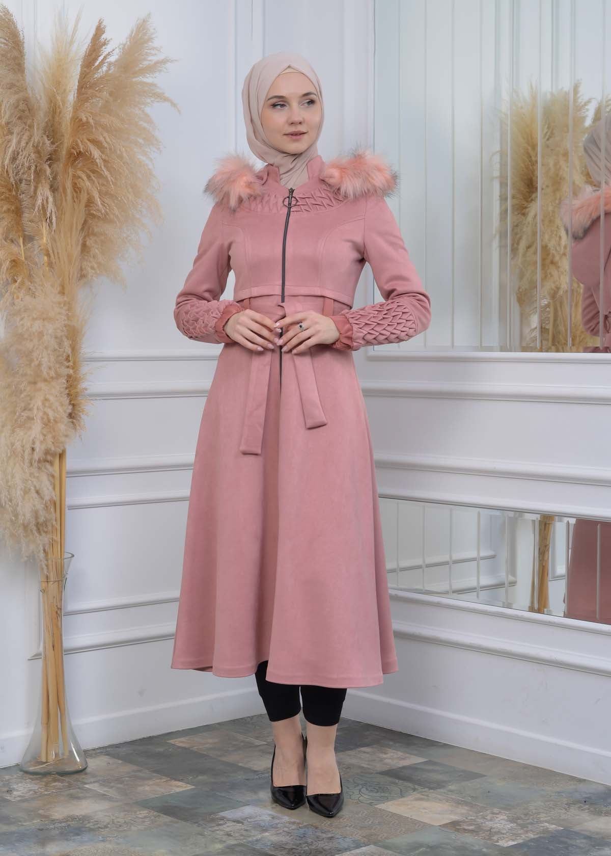 Suede Trenchcoat mit Plissee-Details 1316 - Rosa