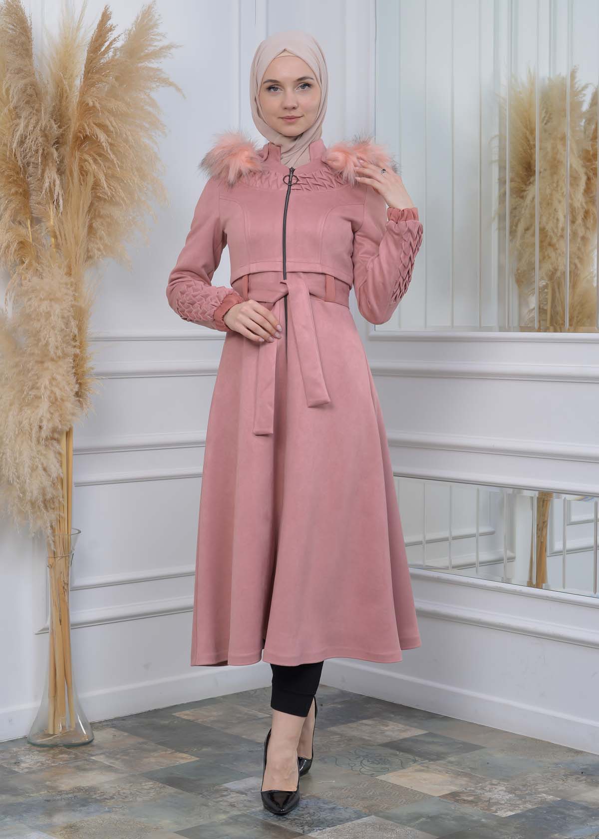 Suede Trenchcoat mit Plissee-Details 1316 - Rosa