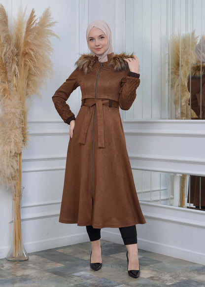 Suede Trenchcoat mit Plissee-Details 1316 - Kaffee