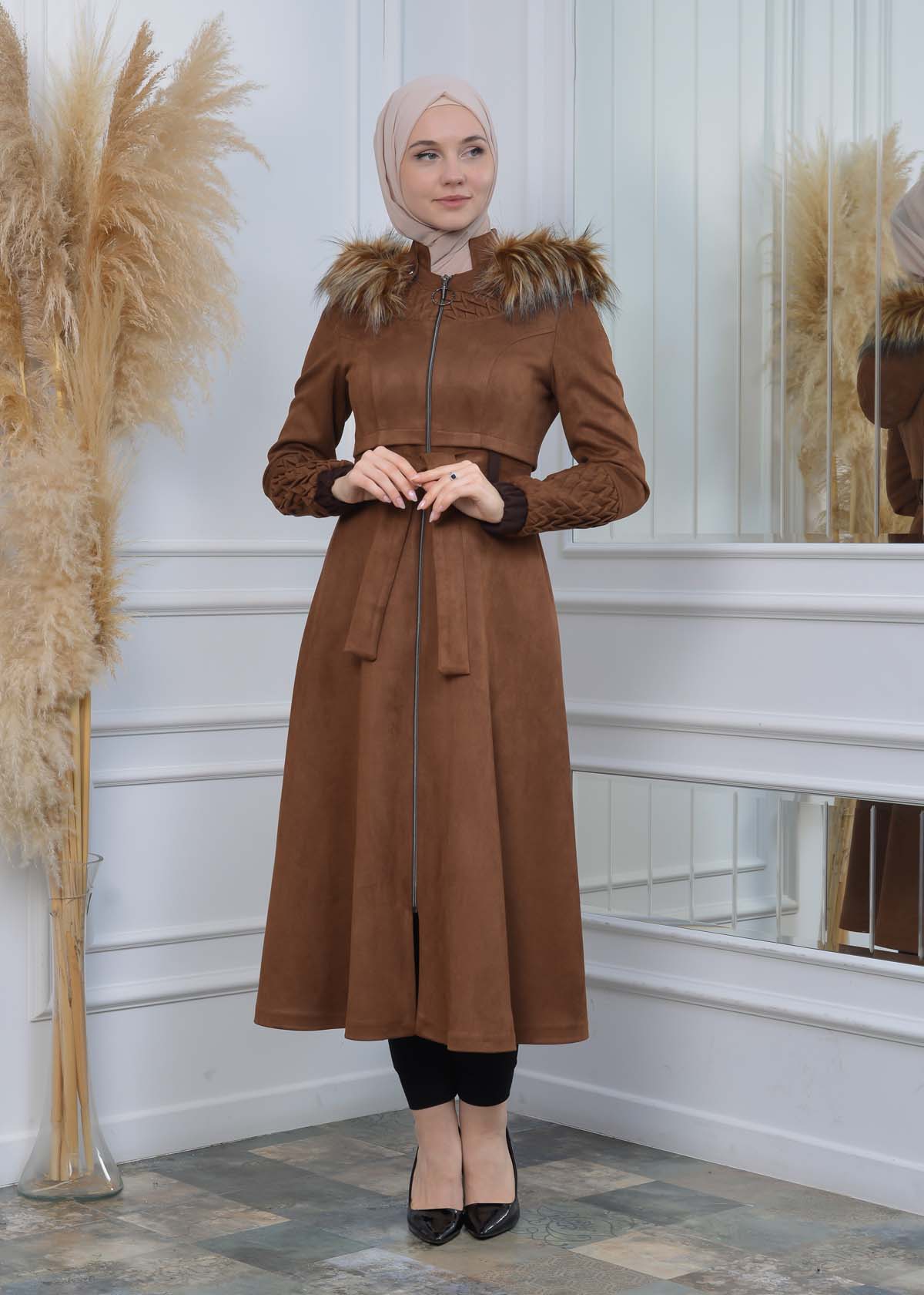 Suede Trenchcoat mit Plissee-Details 1316 - Kaffee