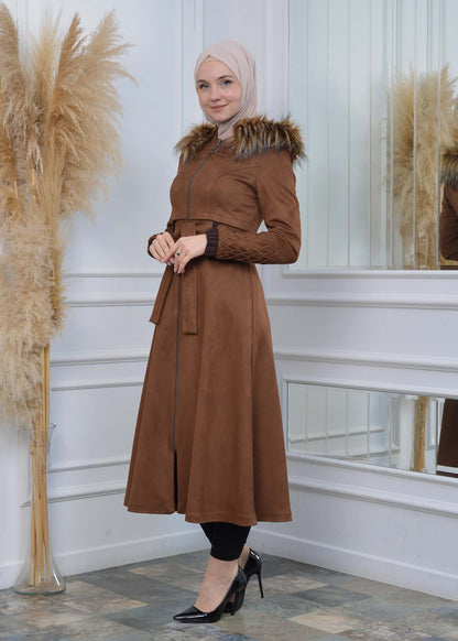 Suede Trenchcoat mit Plissee-Details 1316 - Kaffee