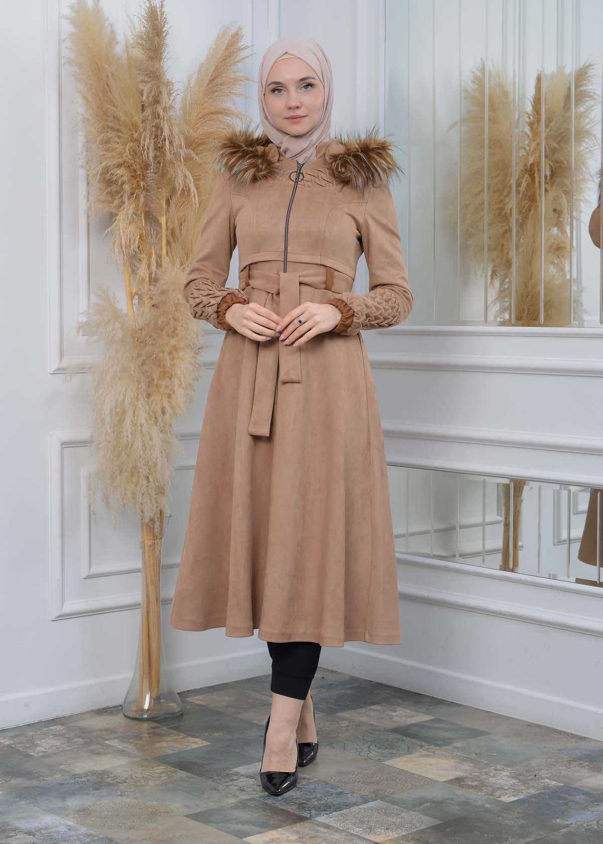 Suede Trenchcoat mit Plissee-Details 1316 - Beige