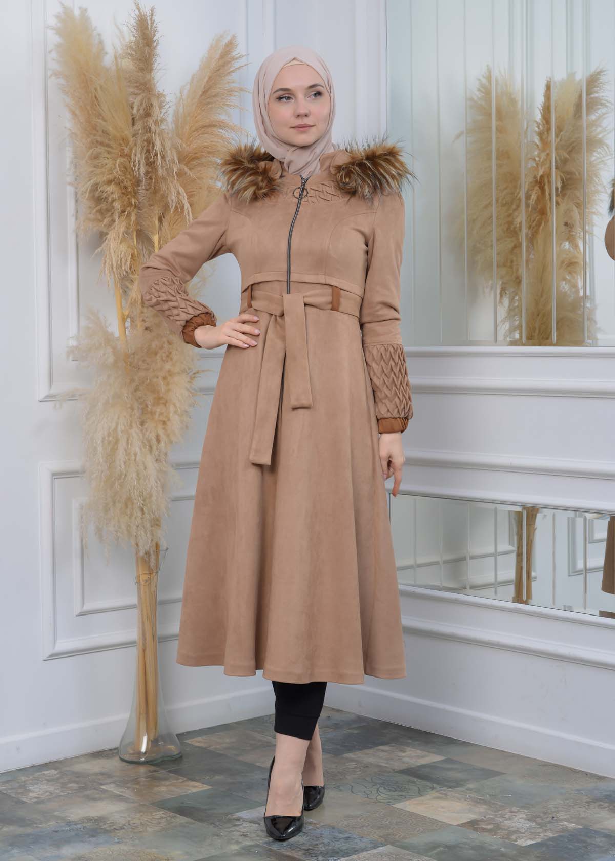 Suede Trenchcoat mit Plissee-Details 1316 - Beige