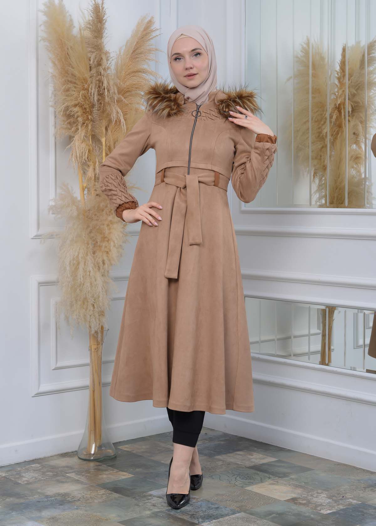 Suede Trenchcoat mit Plissee-Details 1316 - Beige