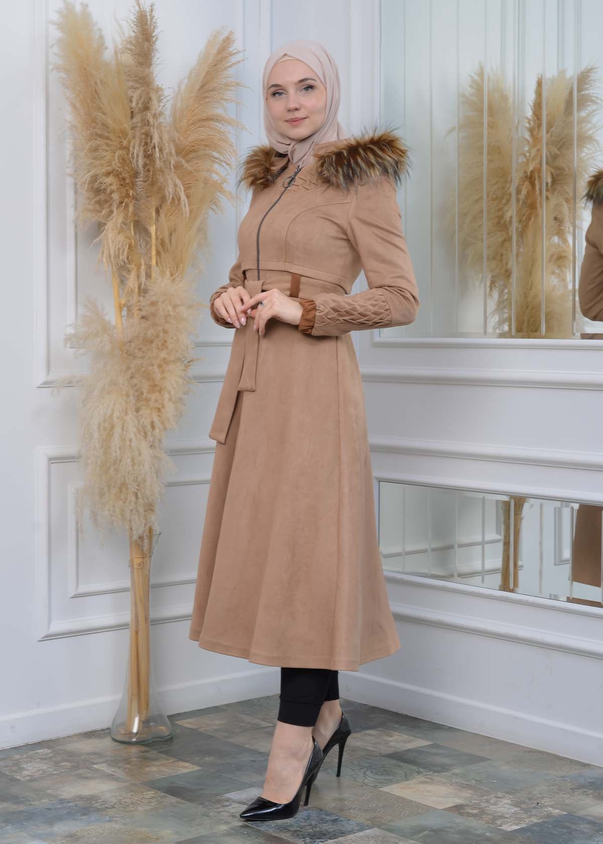 Suede Trenchcoat mit Plissee-Details 1316 - Beige