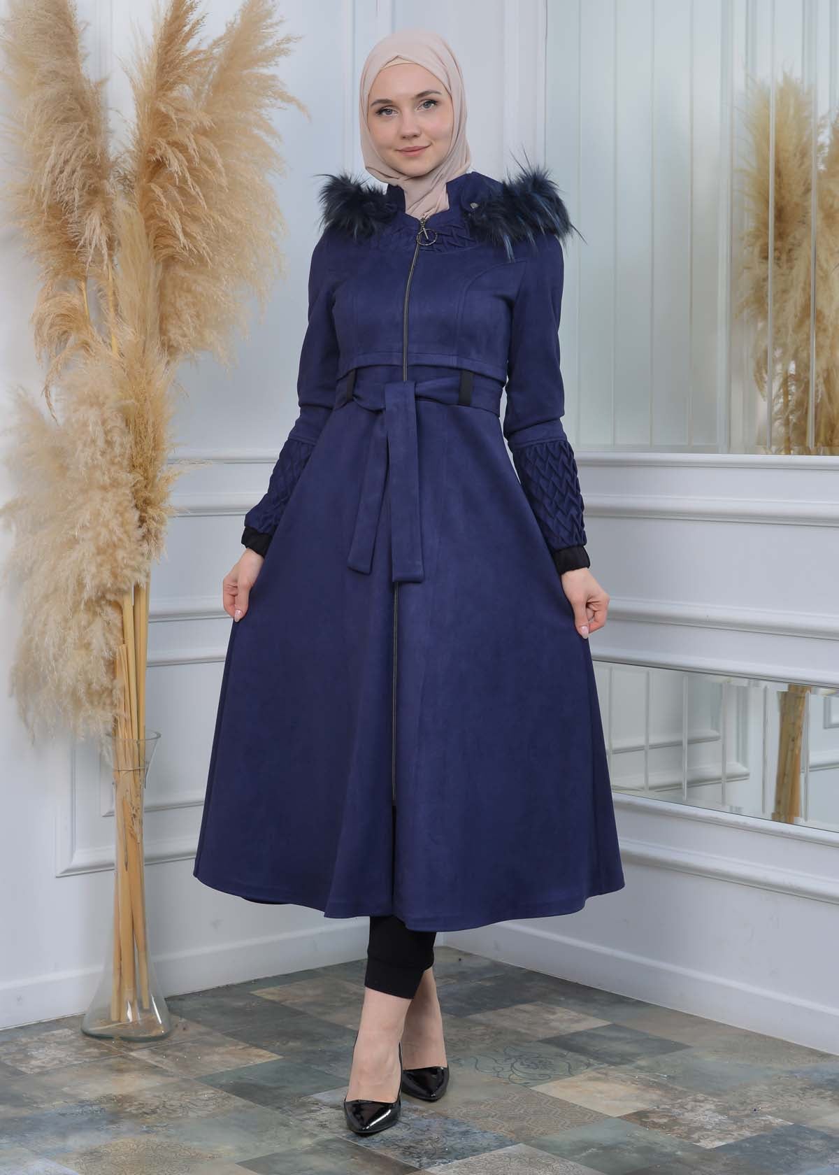 Suede Trenchcoat mit Plissee-Details 1316 - Dunkelblau