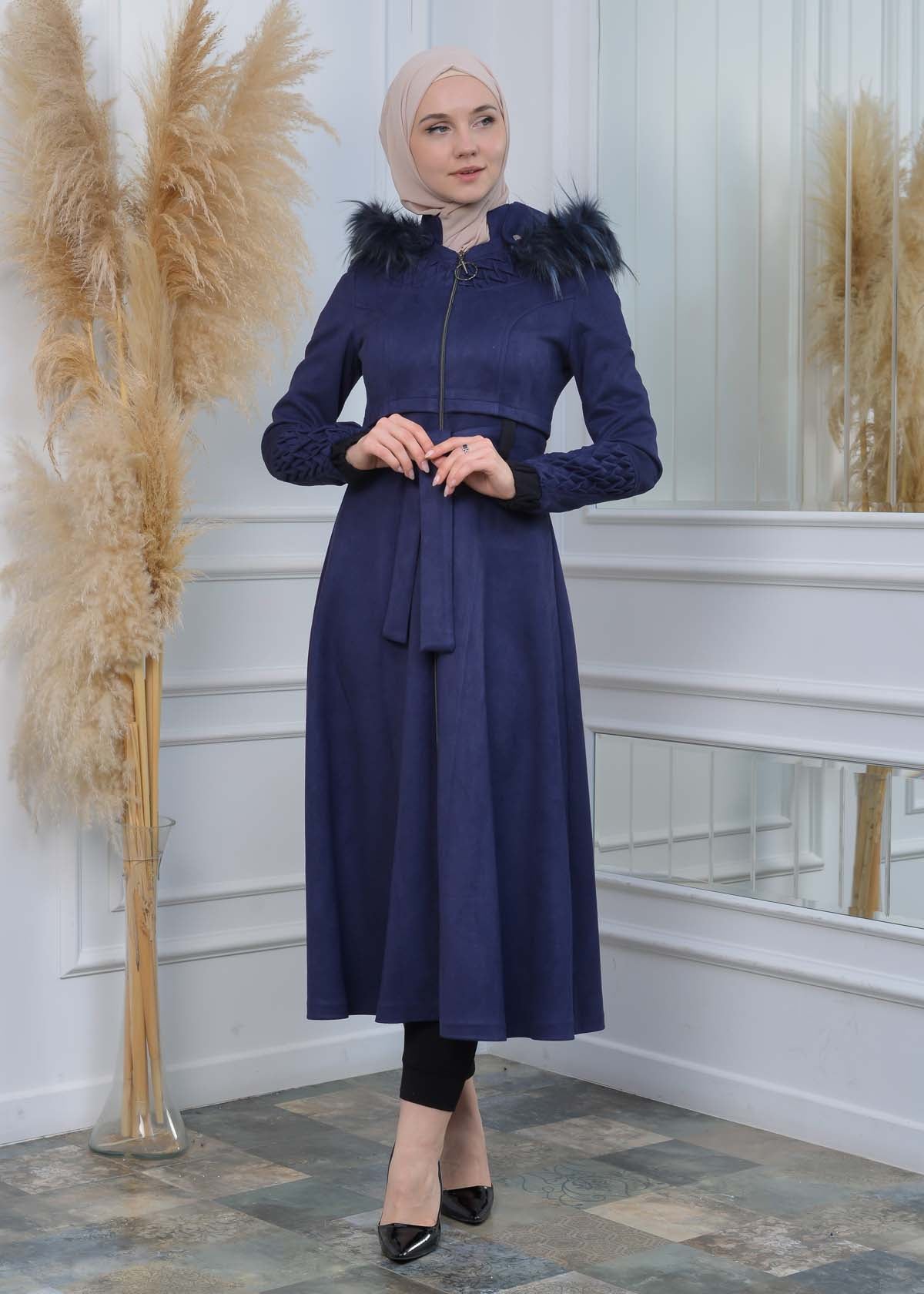 Suede Trenchcoat mit Plissee-Details 1316 - Dunkelblau