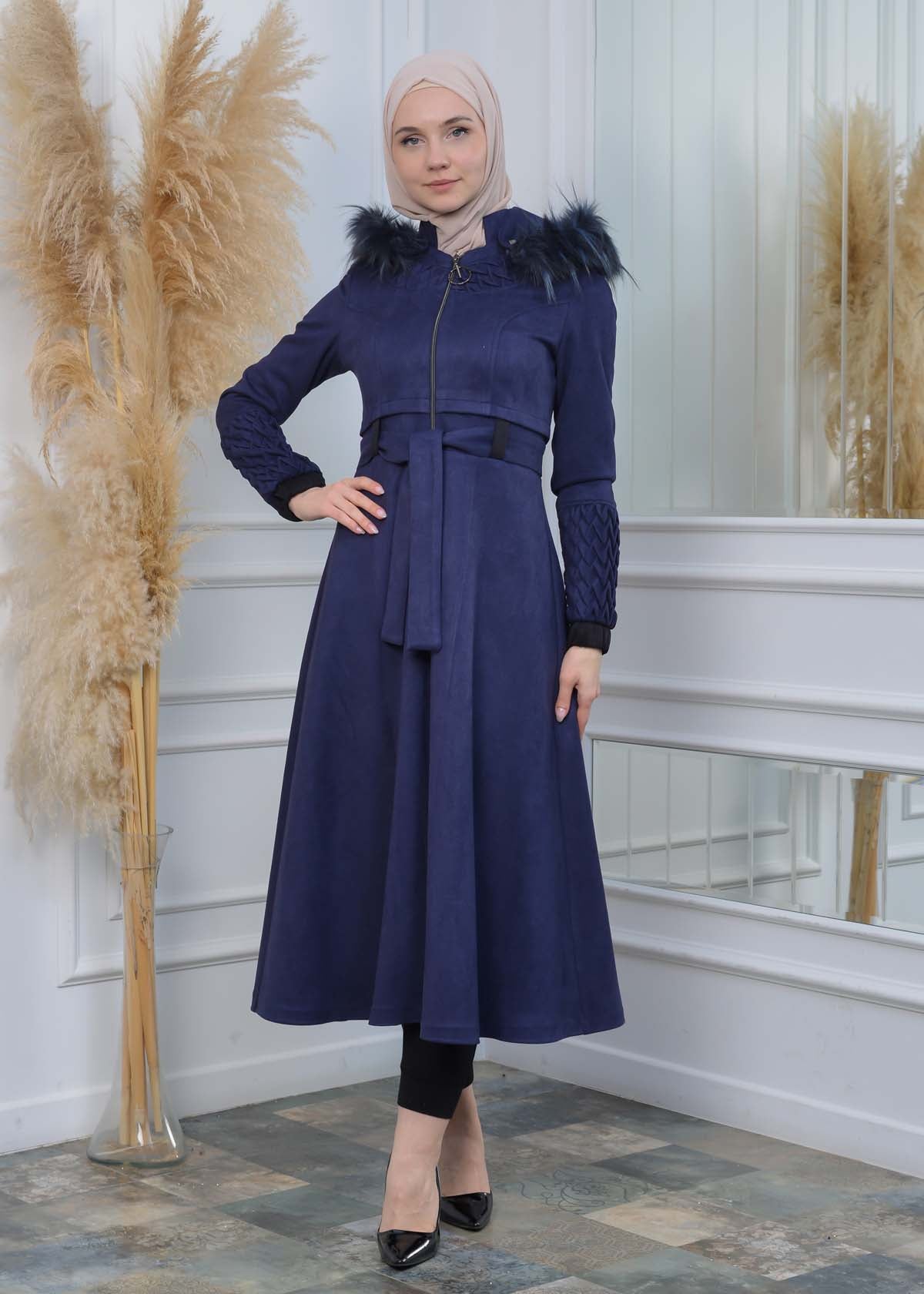 Suede Trenchcoat mit Plissee-Details 1316 - Dunkelblau