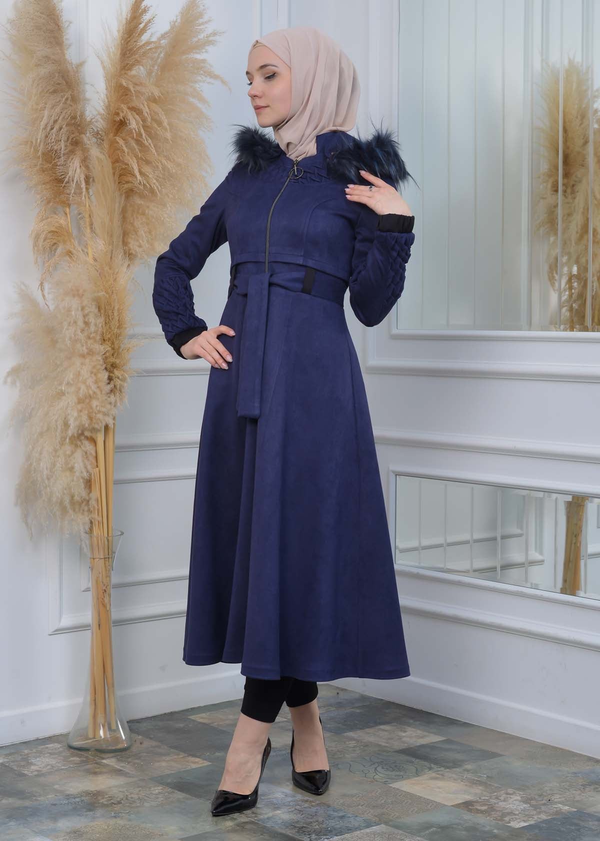 Suede Trenchcoat mit Plissee-Details 1316 - Dunkelblau