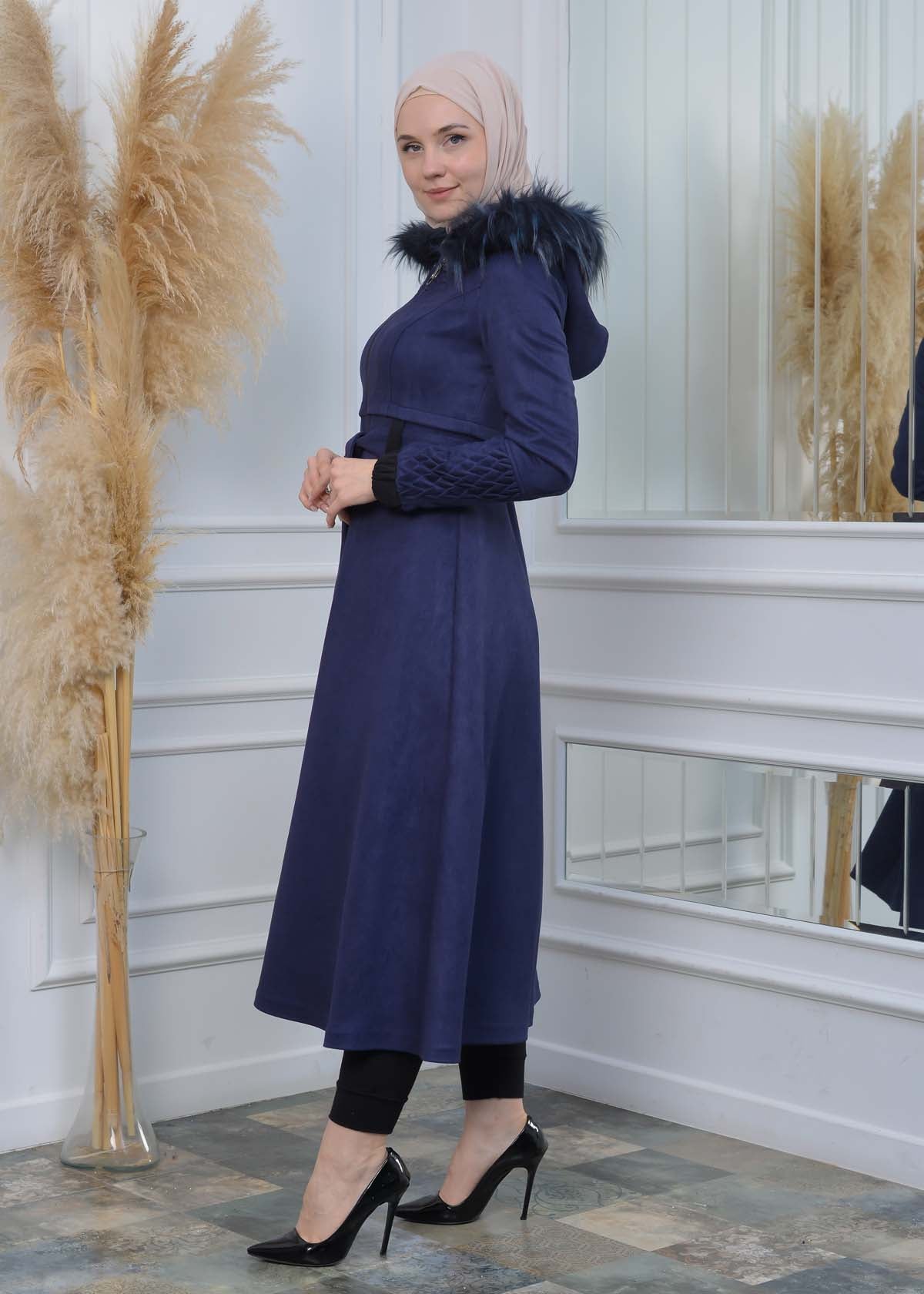 Suede Trenchcoat mit Plissee-Details 1316 - Dunkelblau