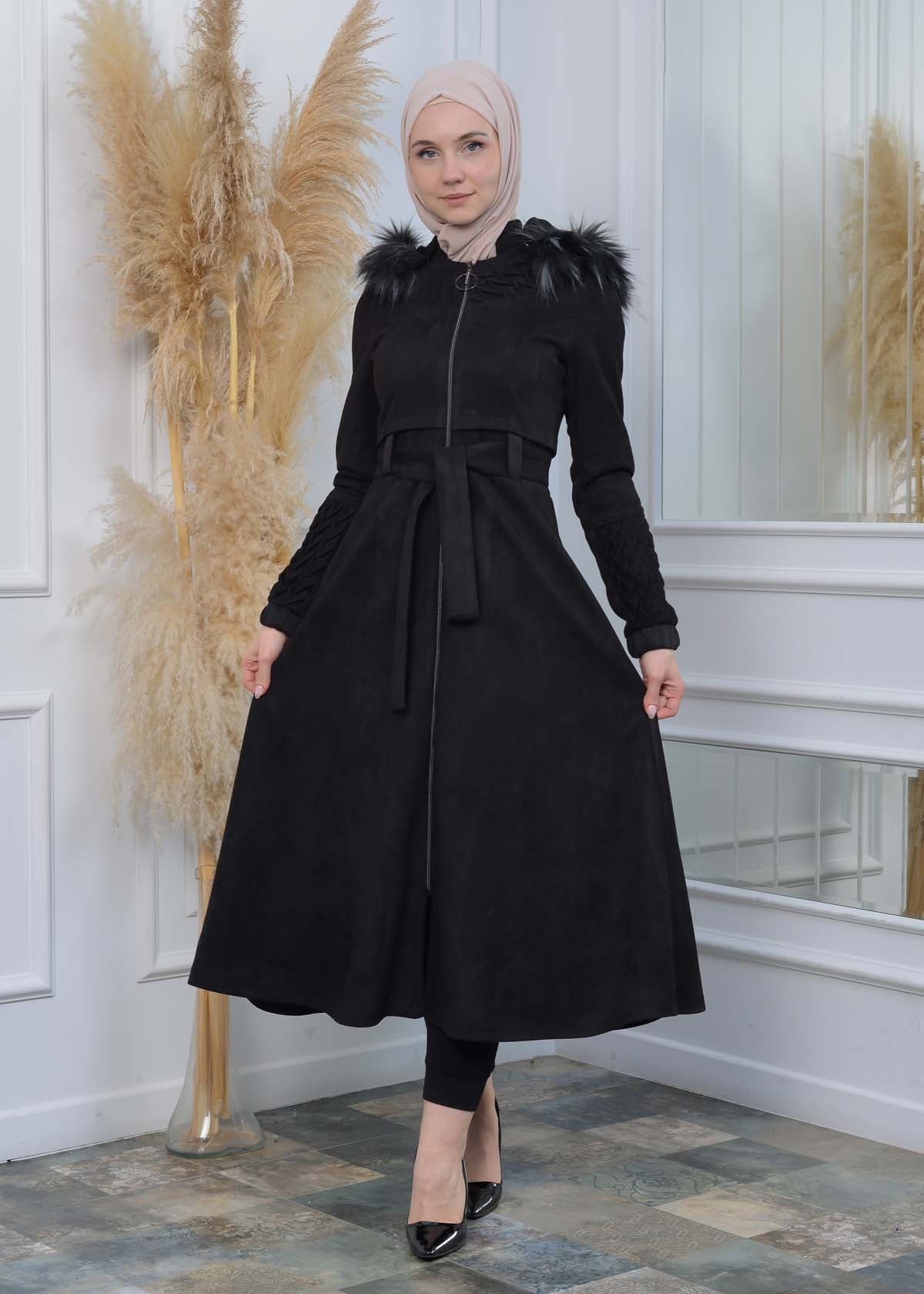 Suede Trenchcoat mit Plissee-Details 1316 - Schwarz