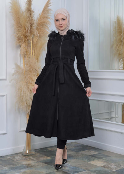 Suede Trenchcoat mit Plissee-Details 1316 - Schwarz