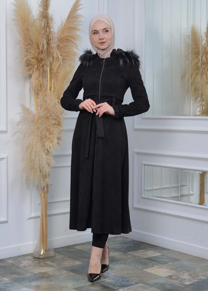 Suede Trenchcoat mit Plissee-Details 1316 - Schwarz