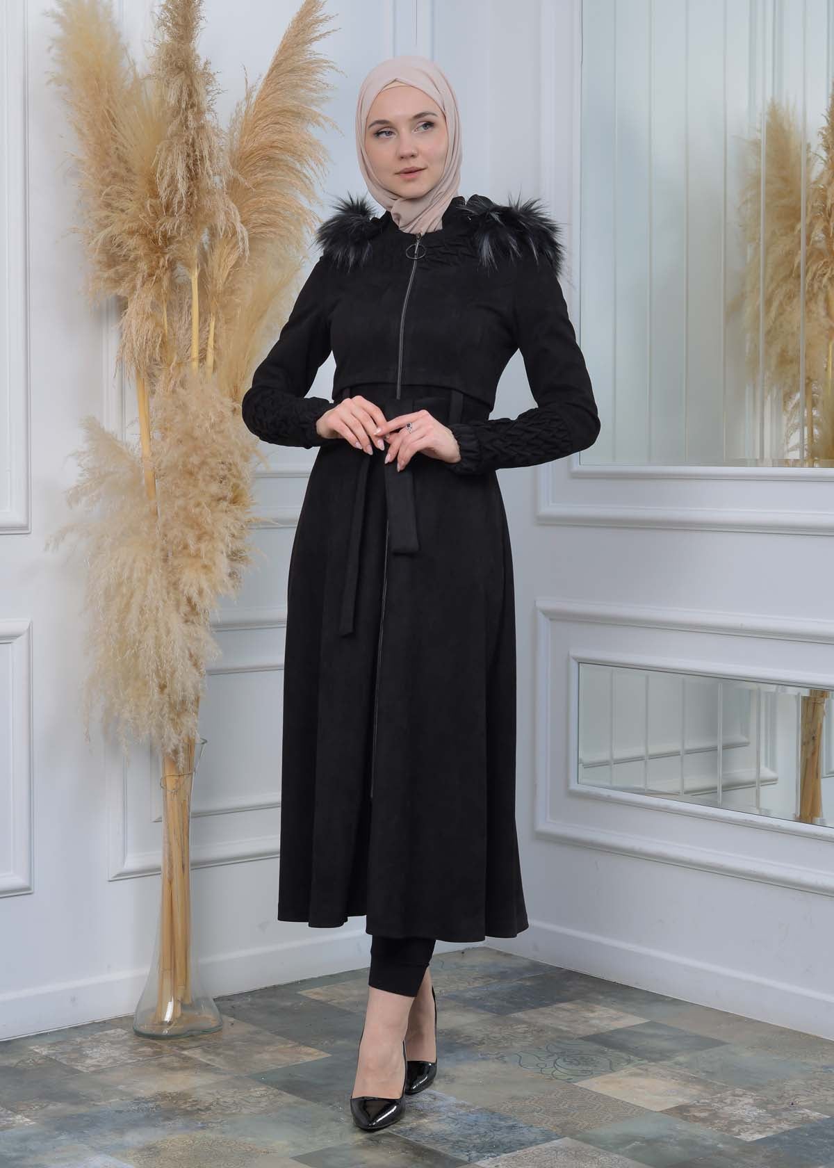 Suede Trenchcoat mit Plissee-Details 1316 - Schwarz