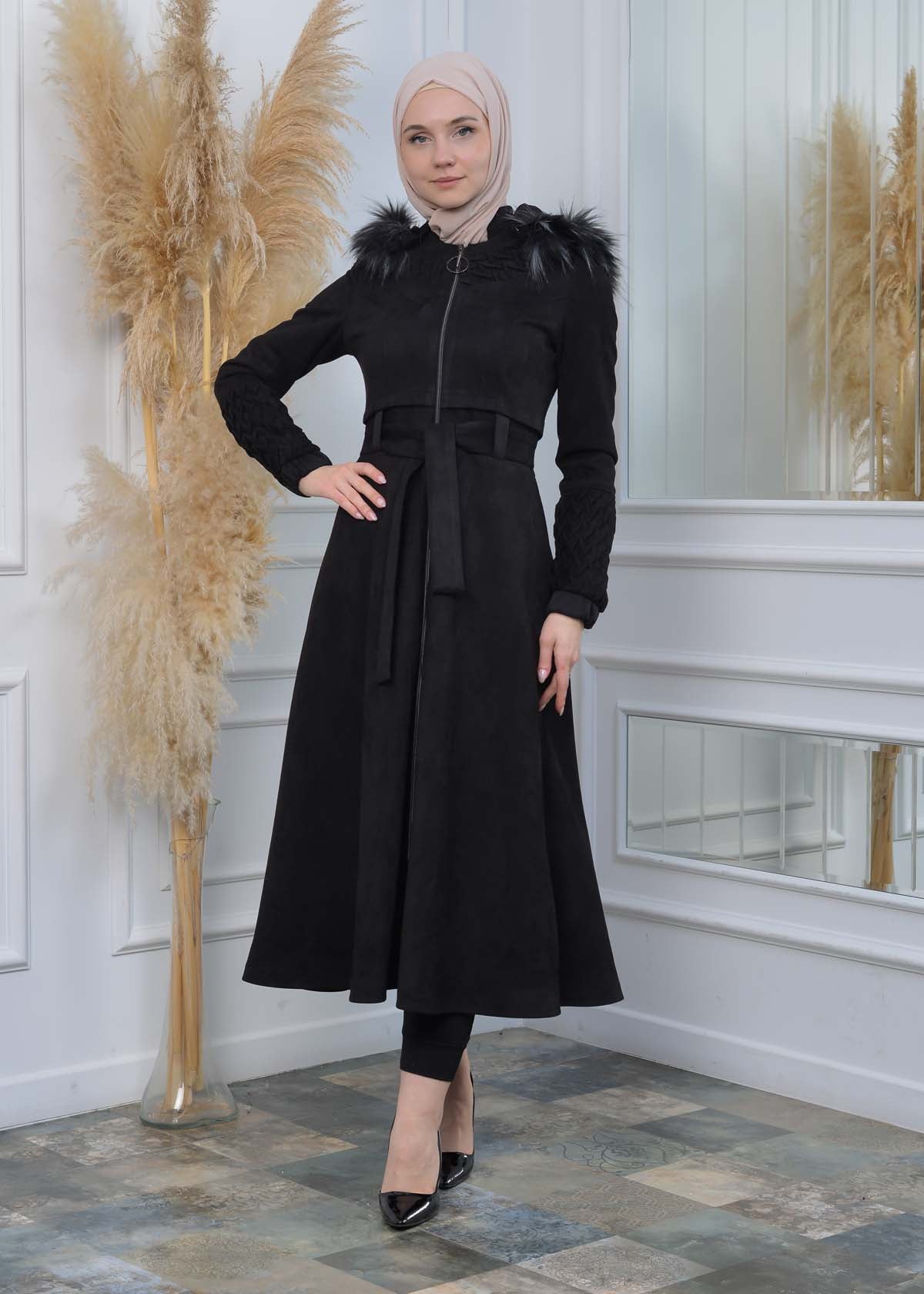 Suede Trenchcoat mit Plissee-Details 1316 - Schwarz