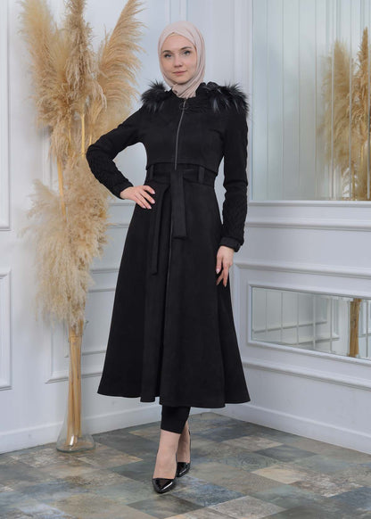 Suede Trenchcoat mit Plissee-Details 1316 - Schwarz