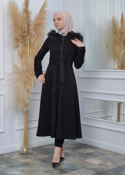 Suede Trenchcoat mit Plissee-Details 1316 - Schwarz