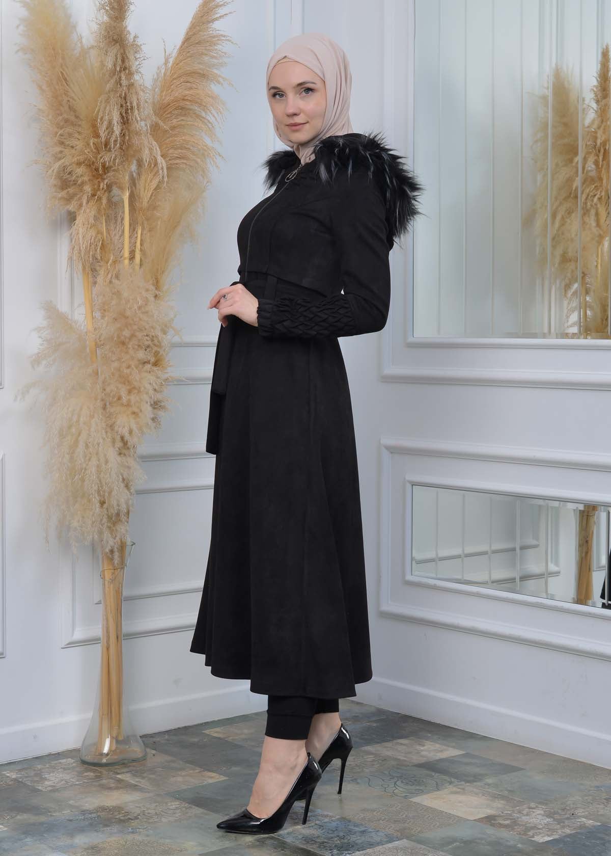 Suede Trenchcoat mit Plissee-Details 1316 - Schwarz