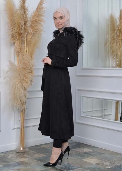 Suede Trenchcoat mit Plissee-Details 1316 - Schwarz