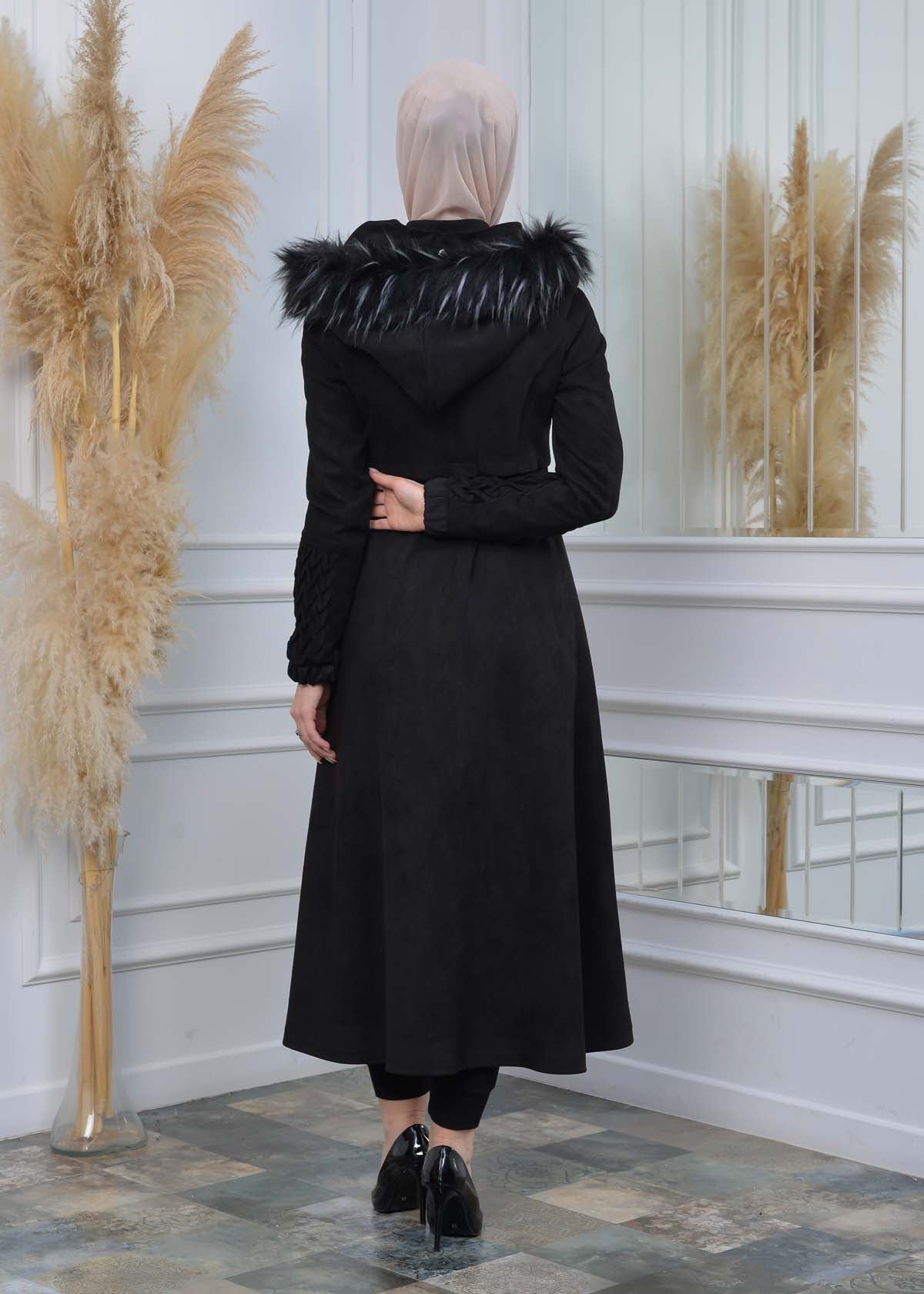 Suede Trenchcoat mit Plissee-Details 1316 - Schwarz