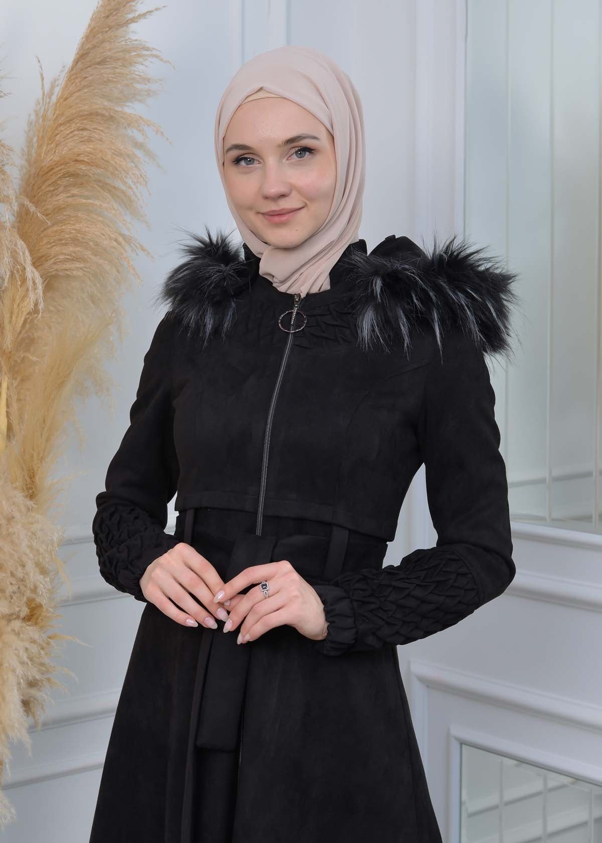 Suede Trenchcoat mit Plissee-Details 1316 - Schwarz