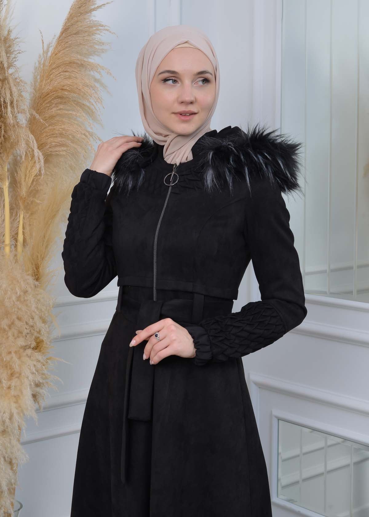 Suede Trenchcoat mit Plissee-Details 1316 - Schwarz